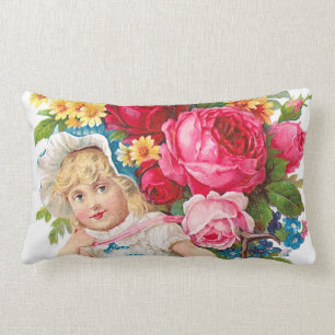 Cute Vintage Girl With Flowers Lumbar Pillow