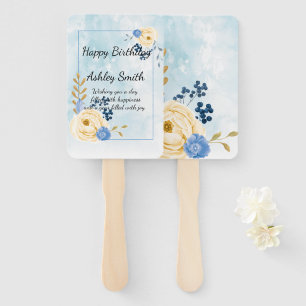 Cute vintage golden floral blue watercolor hand fan