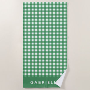 Cute Vintage Green Gingham Plaid Personalized Beach Towel