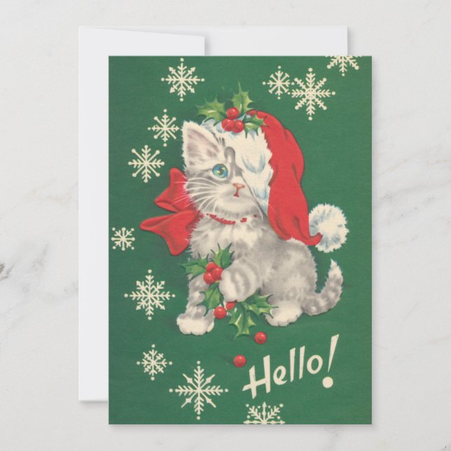 Cute Vintage Green Red Christmas Cat Holiday Card (Front)
