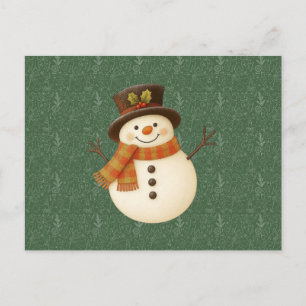 Cute, vintage green rustic snowman holiday postcard