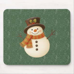 Cute, vintage green rustic snowman mouse pad