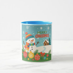 Cute, vintage green rustic snowman mug