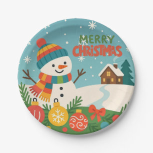 Cute, vintage green rustic snowman paper plate