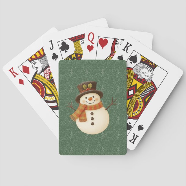 Cute, vintage green rustic snowman playing cards (Back)
