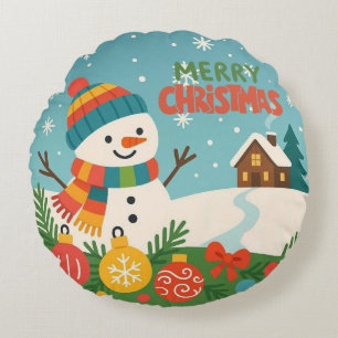 Cute, vintage green rustic snowman round pillow