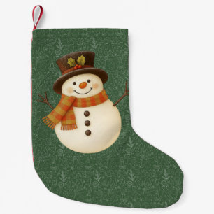 Cute, vintage green rustic snowman small christmas stocking