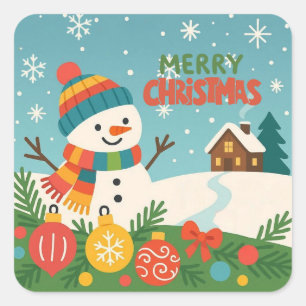 Cute, vintage green rustic snowman square sticker