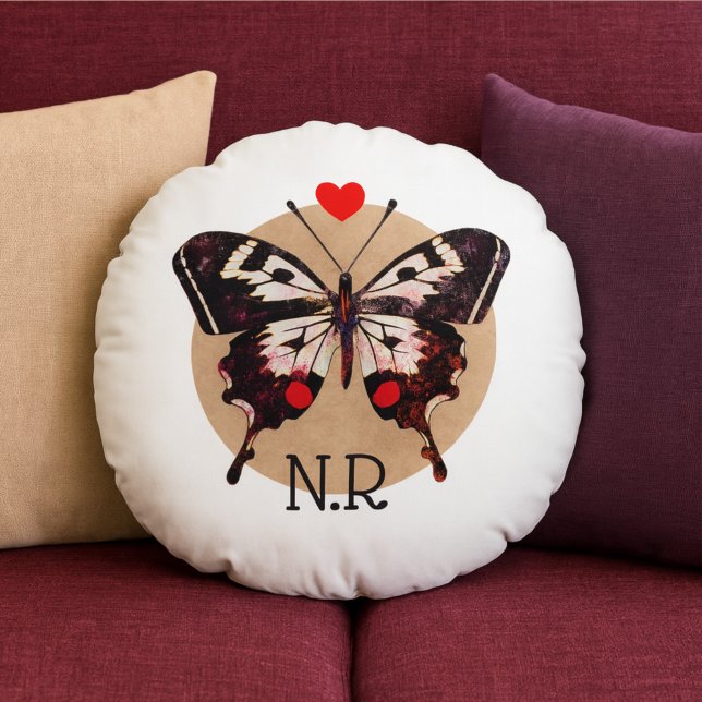  Cute Vintage Grunge Butterfly & Heart Monogrammed Round Pillow (Creator Uploaded)