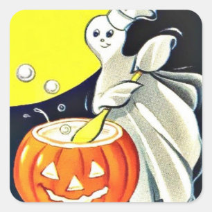 Cute Vintage Halloween Ghost With Pumpkin Square Sticker