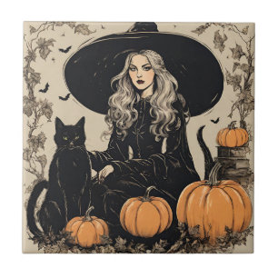 Cute Vintage Halloween Witch with Black Cat Tile