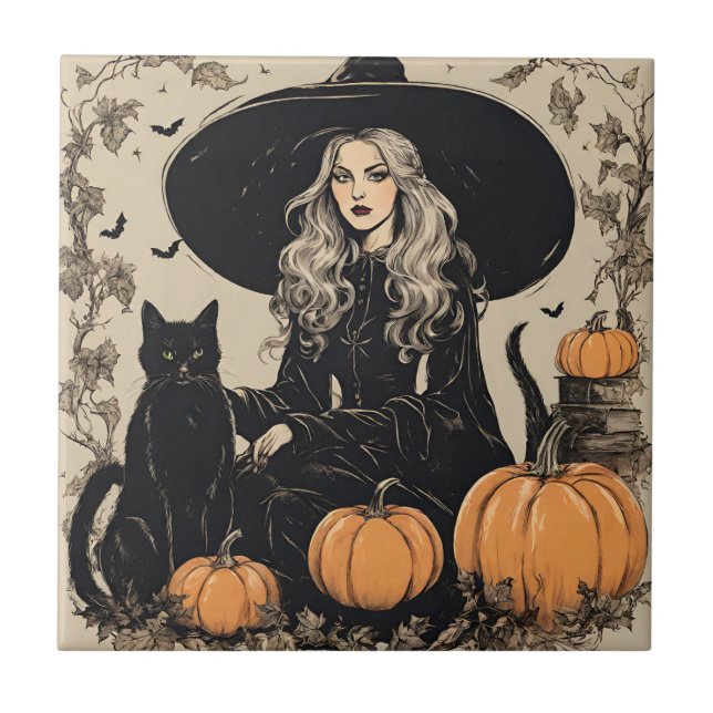 Cute Vintage Halloween Witch with Black Cat Tile (Front)