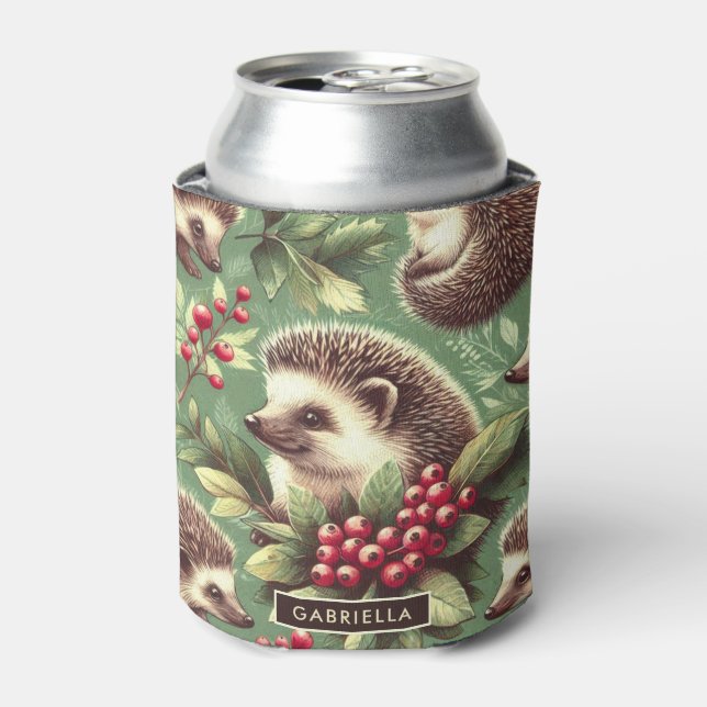 Cute Vintage Hedgehog Pattern Can Cooler (Can Front)