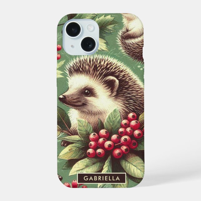 Cute Vintage Hedgehog Pattern iPhone 15 Case (Back)