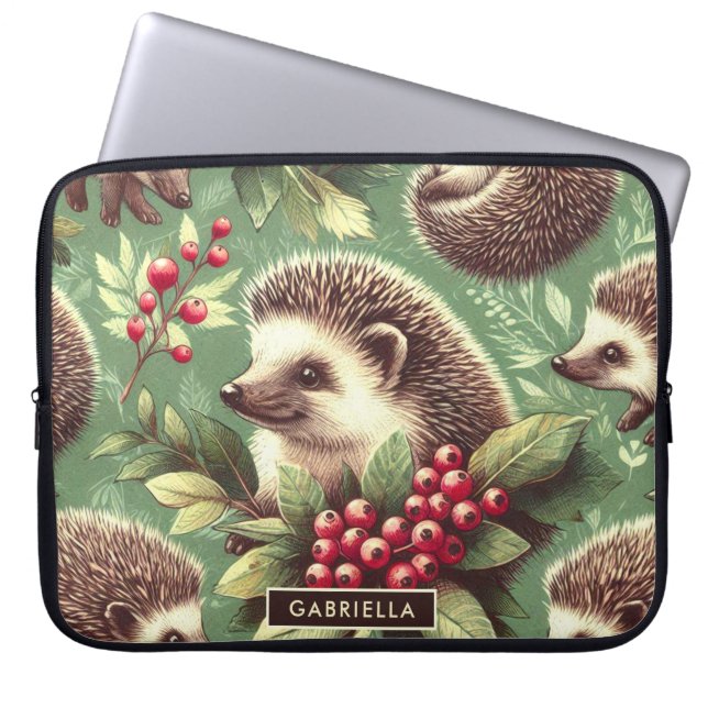 Cute Vintage Hedgehog Pattern Laptop Sleeve (Front)