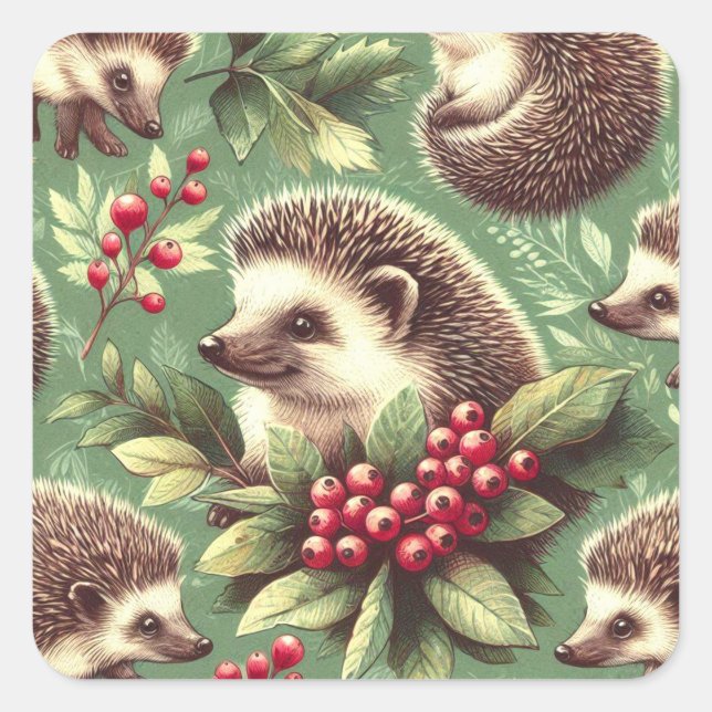 Cute Vintage Hedgehog Pattern Square Sticker (Front)