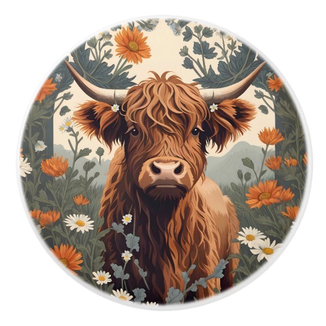 Cute Vintage Highland Cow  Ceramic Knob (Front)