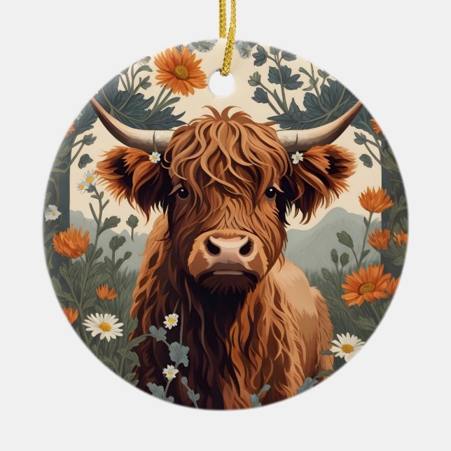 Cute Vintage Highland Cow  Ceramic Ornament (Front)