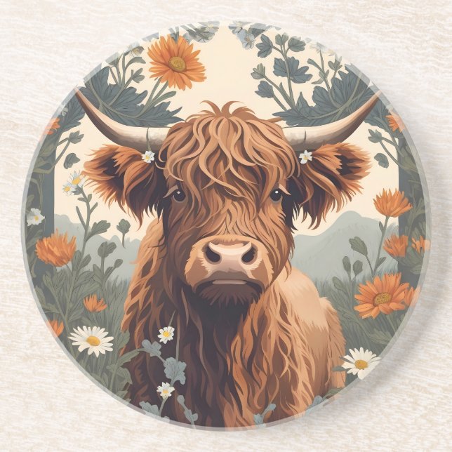 Cute Vintage Highland Cow  Coaster (Front)