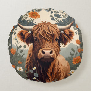 Cute Vintage Highland Cow  Round Pillow