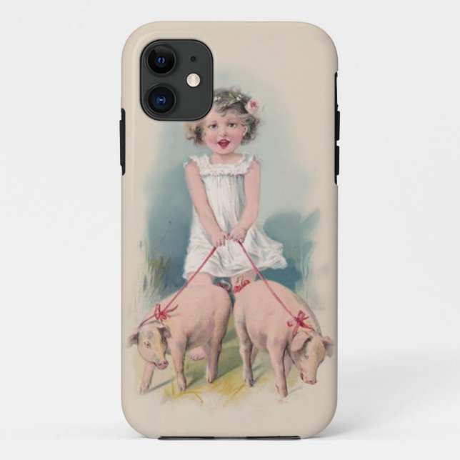 Cute Vintage Iphone Case - Young Gril Walking Pigs (Back)