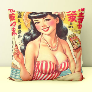 Cute Vintage Japanese Girl Throw Pillow