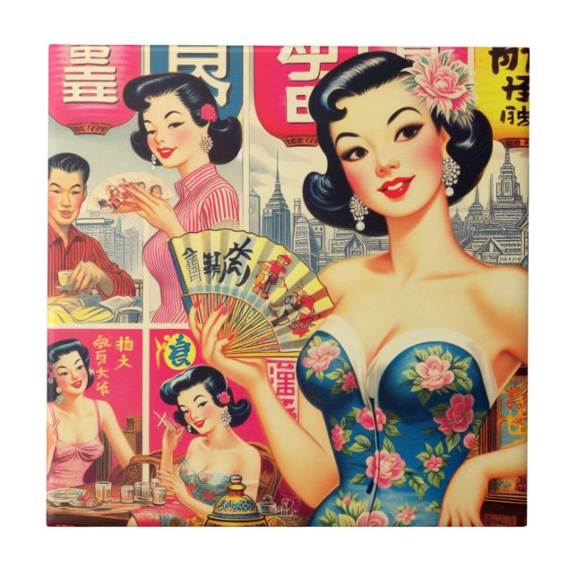 Cute Vintage Japanese Girls Illustration Tile (Front)
