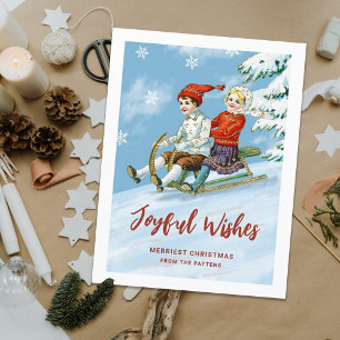Cute Vintage Kids Sledding Scene   Joyful Wishes  Holiday Postcard