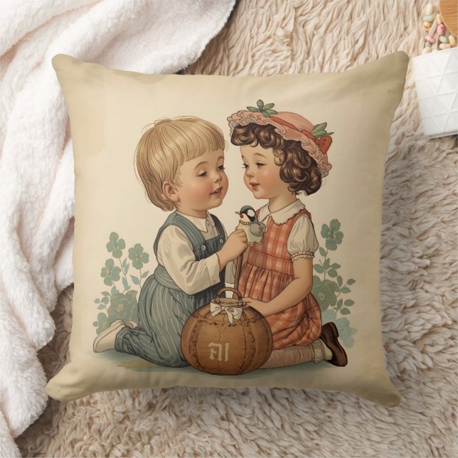 Cute Vintage Kids Throw Pillow (Blanket)