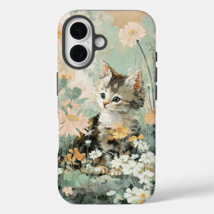 Cute Vintage Kitten in Flowers Cottagecore iPhone  16 Case