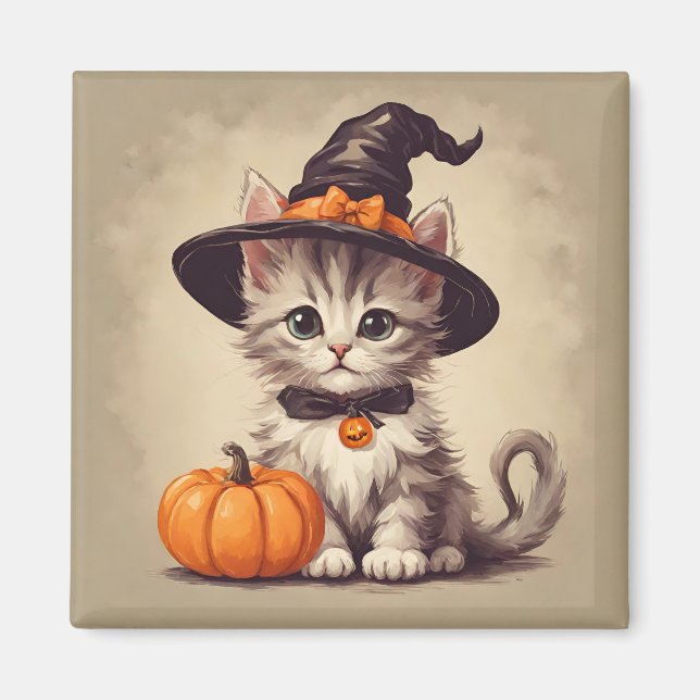 Cute Vintage Kitten in Halloween Witch Costume  Magnet (Front)