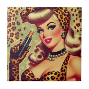 Cute Vintage Leopard Print Girl Tile