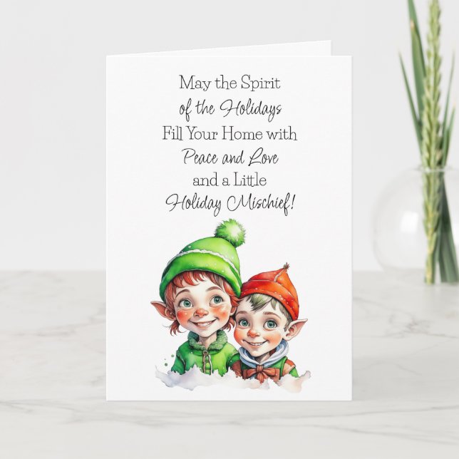 Cute Vintage Little Elves Christmas Blessings Card (Front)
