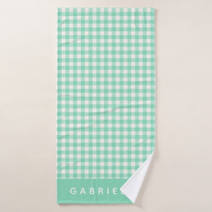 Cute Vintage Mint Green Gingham Plaid Personalized Bath Towel