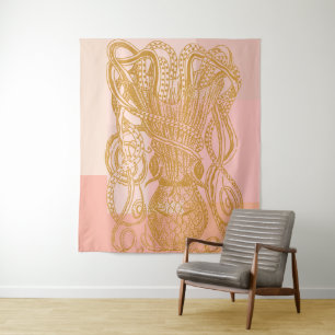 Cute Vintage Octopus Line Art Illustration in Pink Tapestry