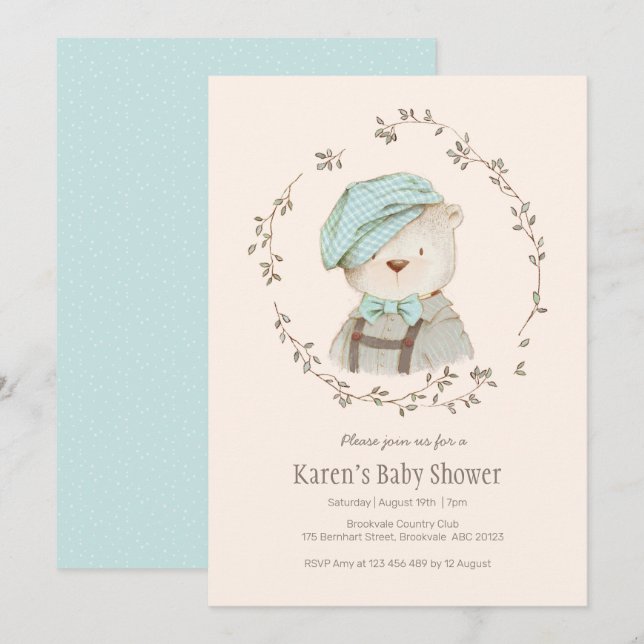 Cute Vintage Ours Baby shower Invitation (Devant / Derrière)