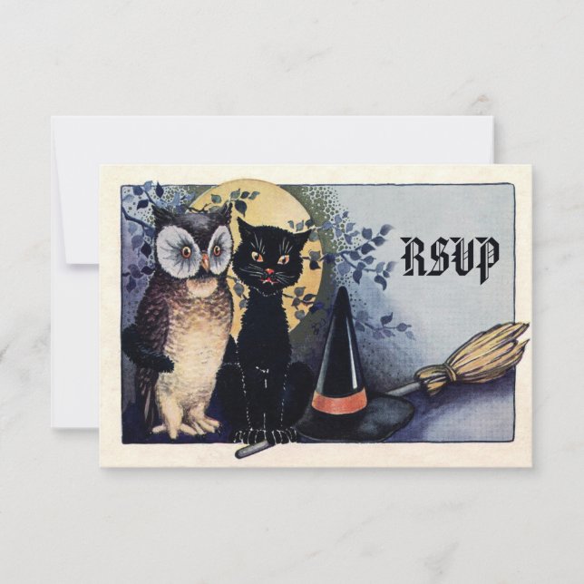 Cute Vintage Owl and Cat Halloween RSVP (Front)