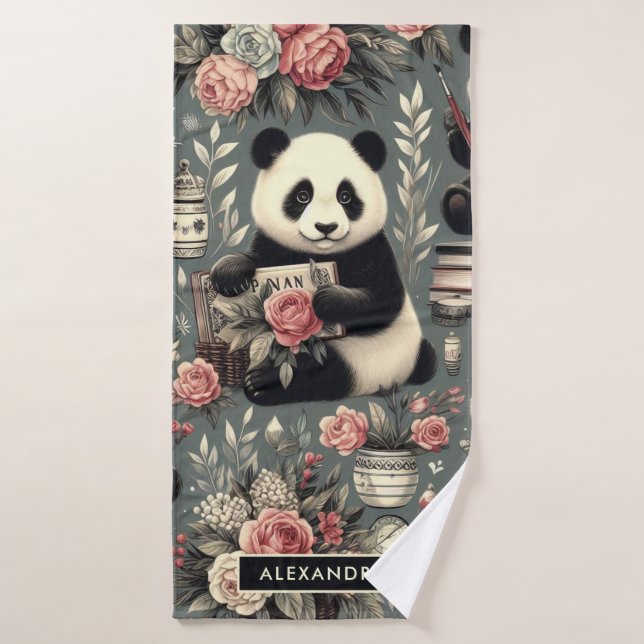 Cute Vintage Panda Floral (Serviette de bain)
