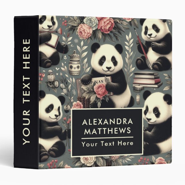 Cute Vintage Panda Floral Binder (Front/Spine)