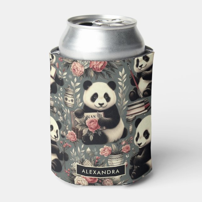 Cute Vintage Panda Floral Can Cooler (Can Front)