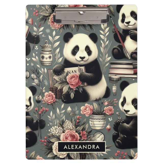 Cute Vintage Panda Floral Clipboard (Front)