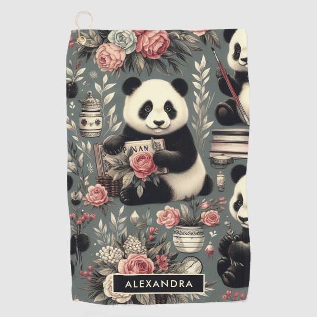 Cute Vintage Panda Floral Golf Towel (Front)