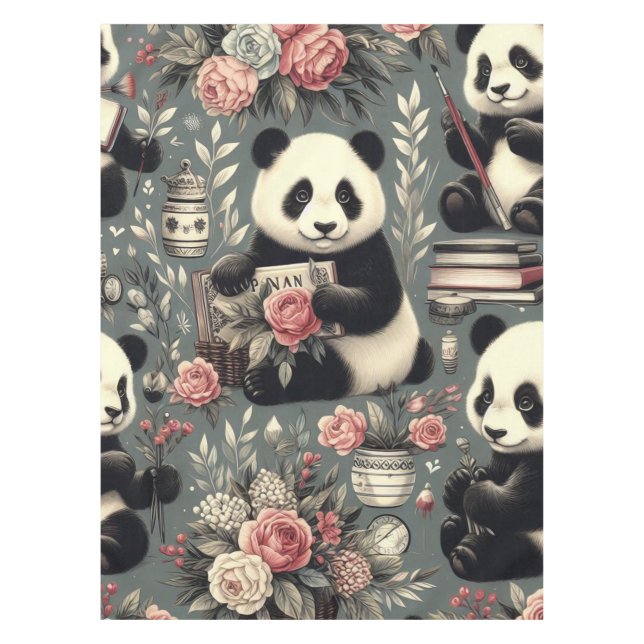 Cute Vintage Panda Floral Tablecloth (Front)