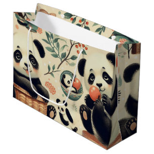 Cute Vintage Panda Seamless Painting Large Gift Bag