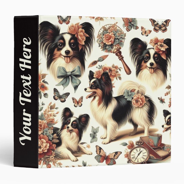 Cute Vintage Papillon Dog Illustration Binder (Front/Spine)