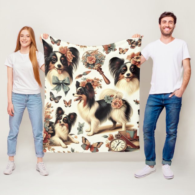 Cute Vintage Papillon Dog Illustration Fleece Blanket (In Situ)