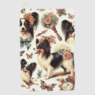 Cute Vintage Papillon Dog Illustration Golf Towel