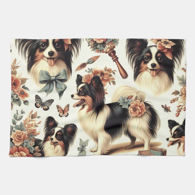 Cute Vintage Papillon Dog Illustration Kitchen Towel (Horizontal)