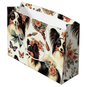 Cute Vintage Papillon Dog Illustration Large Gift Bag