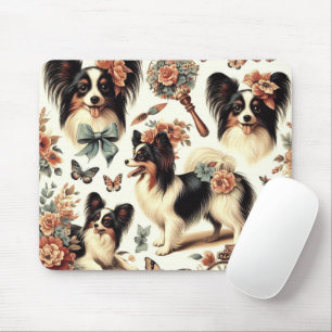 Cute Vintage Papillon Dog Illustration Mouse Pad